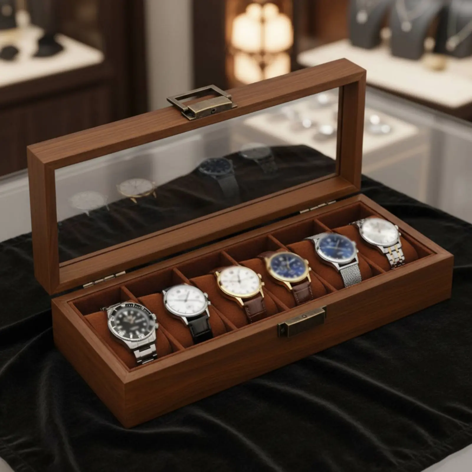Watch and Jewelry Storage Box Multi-Compartment Design Wooden Jewelry Box Glass Top Watch Display Case Dustproof for Men