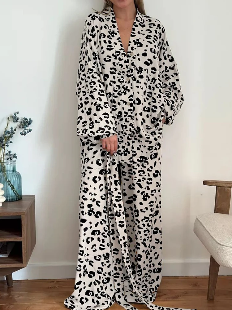 Hiloc Loose Women\'s Home Clothes 2 Piece Sets Leopard Long Sleeve Sleepwear Sashes Casual Female Trouser Suits Autumn 2024