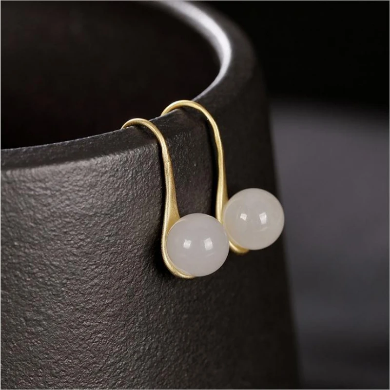

*925 sterling silver beaded white jade ladies simple earrings
