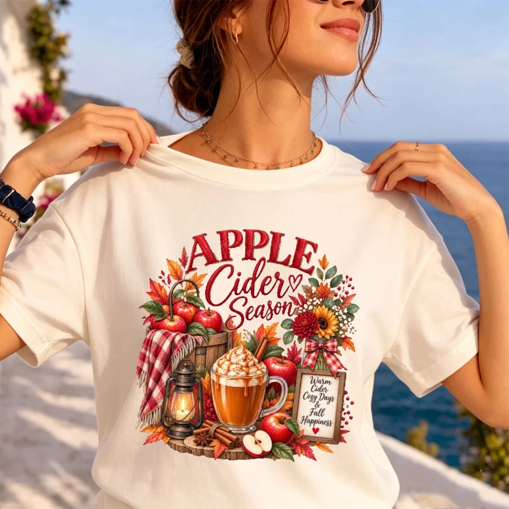 Apple Cider Season Graphic TShirt Women Cozy Autumn Coffee Drink Floral Print Tee Short Sleeve Retro Style Holiday Women Clothes