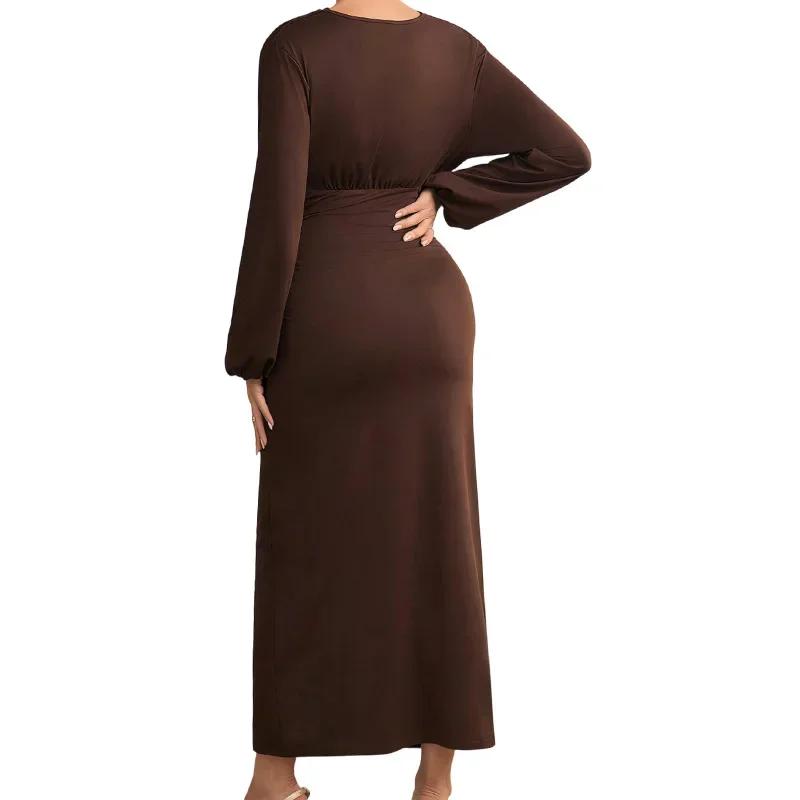 New Autumn Winter V Neck Long Sleeve Maternity Dress Stretch Slim Bodycon Long Dress Commuter Outfit Pregnancy Long Gown