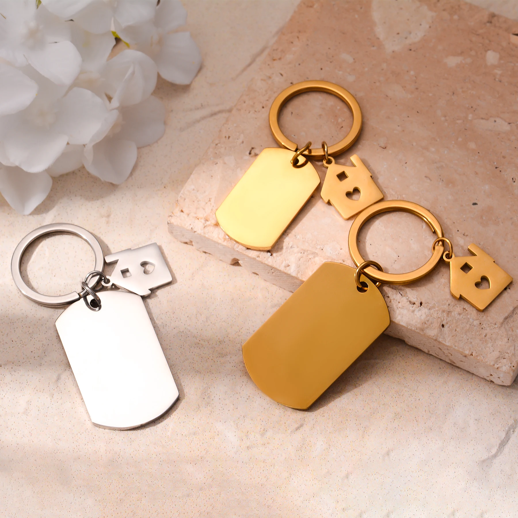 10Pcs Wholesale New Keychain with House Pendant Stainless Steel Dog Tag Geometry Bag Car key Ring Accessories New Home Gift view 6