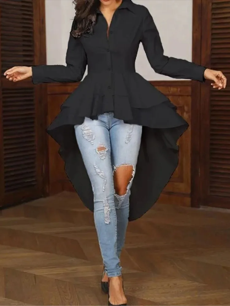 

Women's Elegant Black White Peplum Blouses High Low Hem Ruffle Layered Long Sleeves Button Down Shirt Dressy Tops