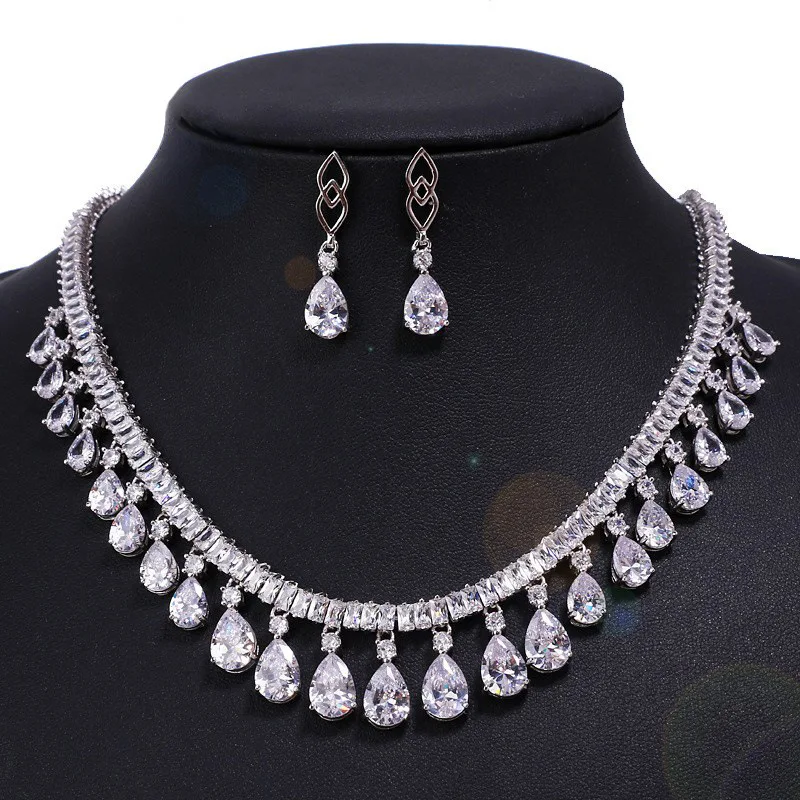

shiny zircon jewelry sets necklace earrings white water drop pendant wedding bride jewelry dinner party anniversary gift women