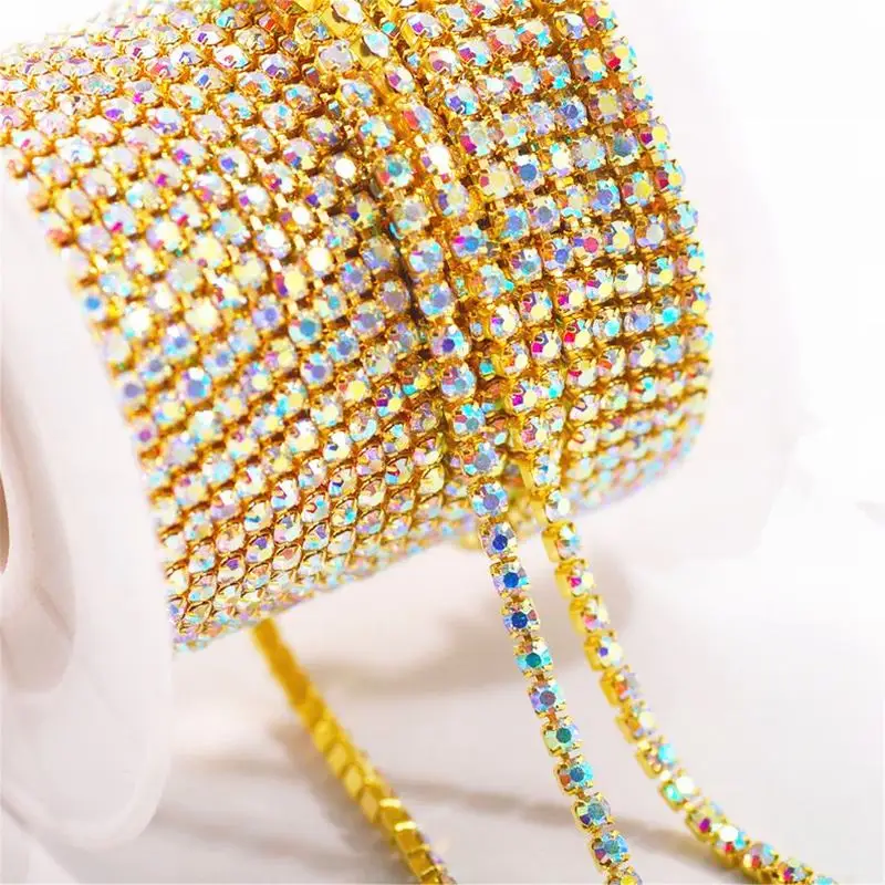 Sparkly Rhinestone Crystal AB Cup Chain Flat Back Sew Glue Trim DIY Bridal Wedding Party Decoration Supplies 10M/Roll