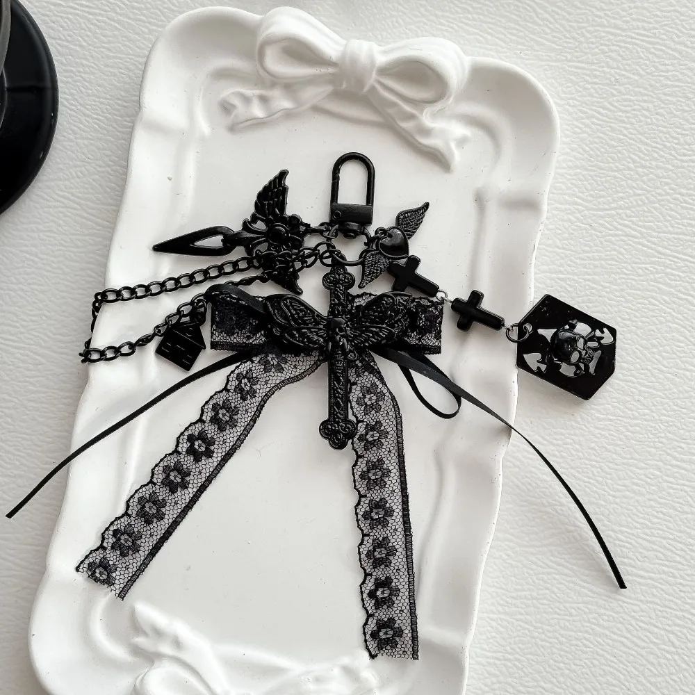 1pc Dark Sweet Cool Lace Bow Cross Pendant Bag Charm Black Color Gothic Alternative Niche Purse Keychain Accessory for Women