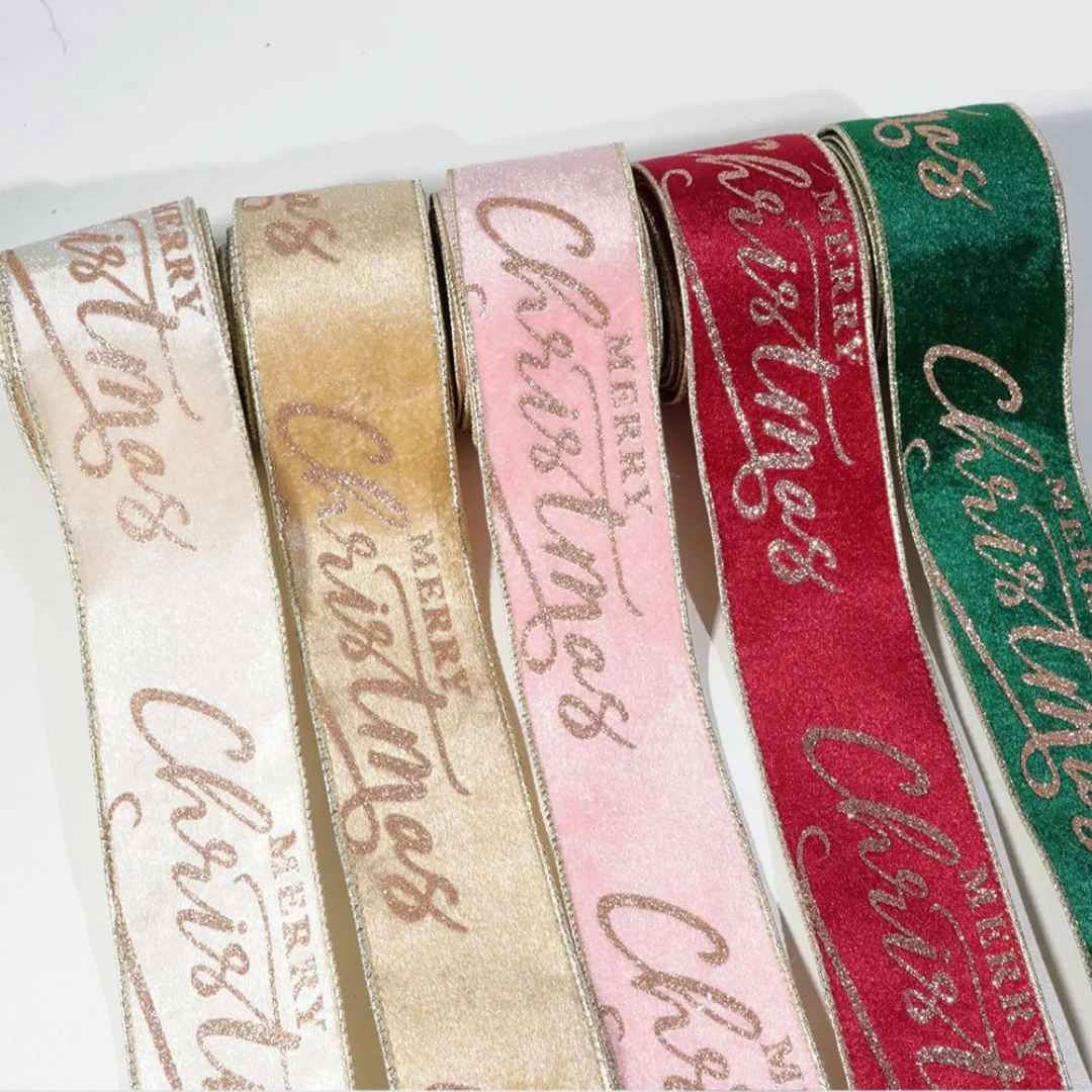 Flocked Velvet Ribbon Flocked Merry Christmas Ribbon Wired Edge Ribbon Decorative For Holiday Gift Wrapping Christmas Theme