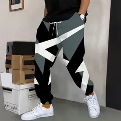 2024 New Fashion Geometric Print Sweatpants Men's Large Size Loose Casual Pocket Drawstring Sweatpants Winter Thick Warm Pants