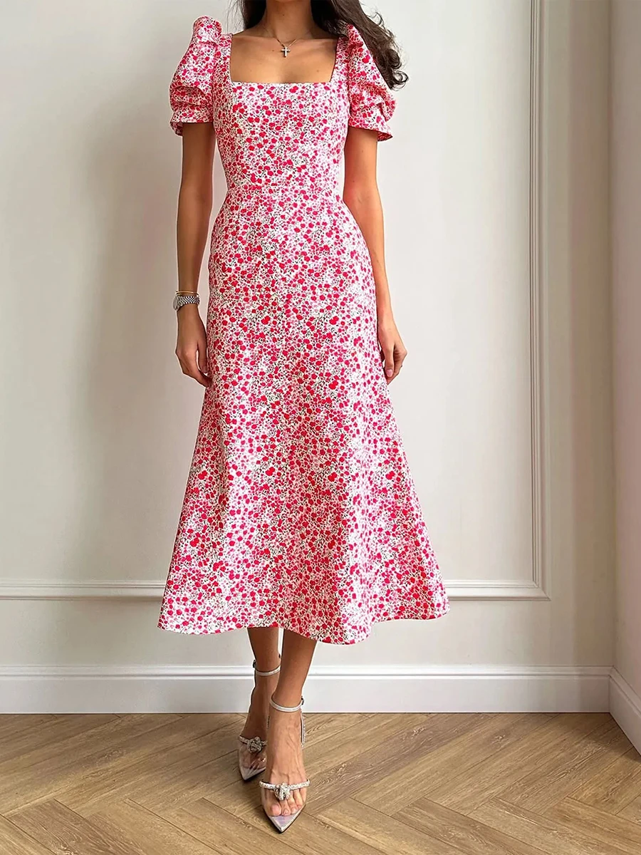 

Women Elegant Puff Short Sleeve Midi Dress Floral Square Neck Aline Long Dresses Flowy Cottagecore Sundress Clubwear