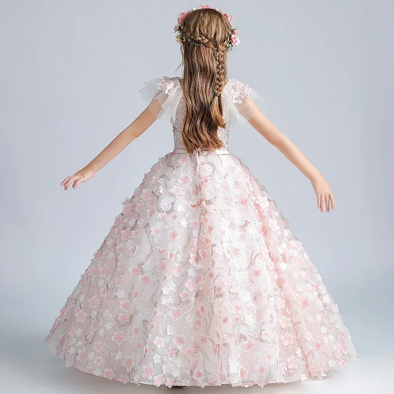 Children Elegant Girls Flower Maxi Dresses Wedding Birthday Party Long Evening Gowns Kids Formal Luxury Princess Pageant Dress