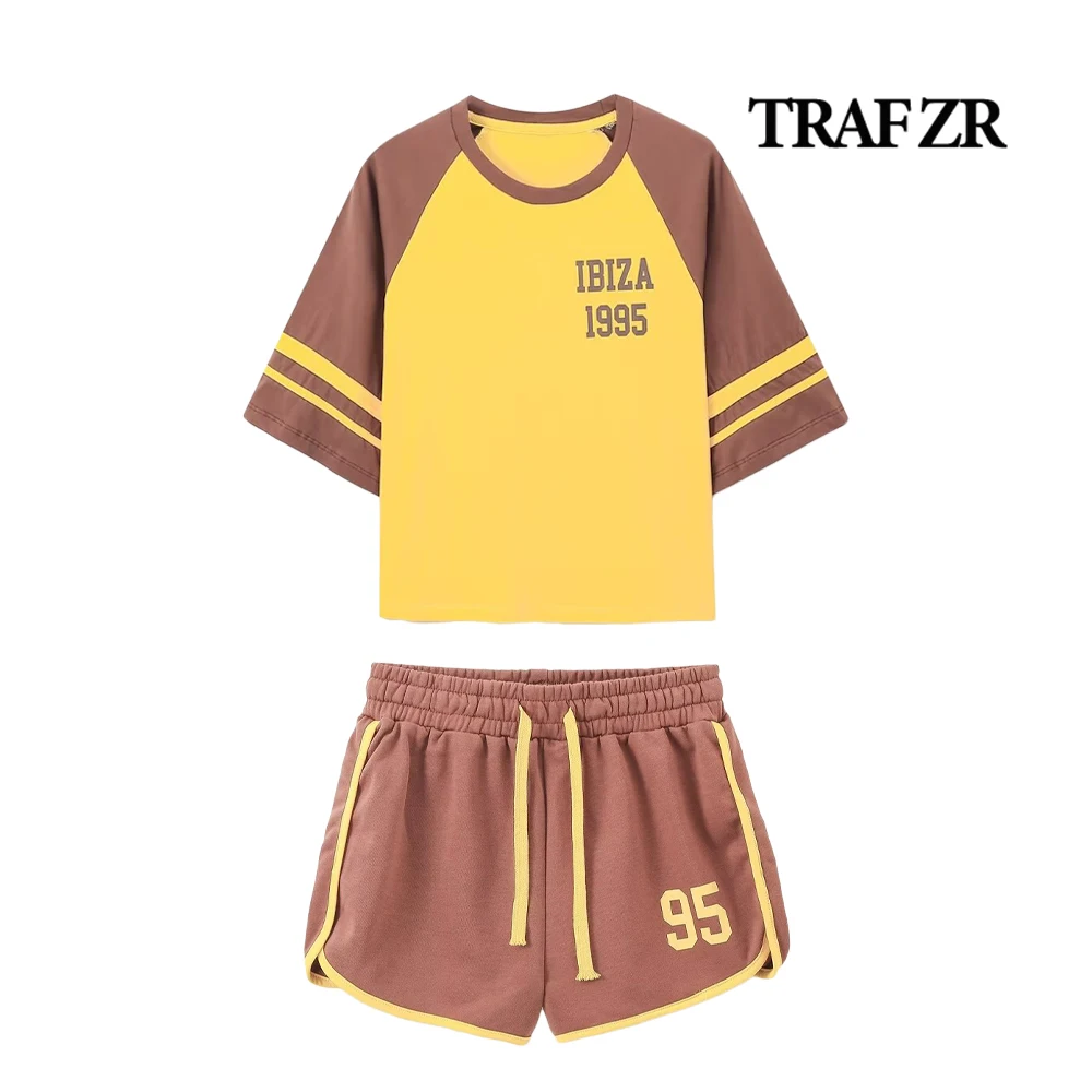 TRAF ZR Casual Shorts Sets for Women Contrasting 2 Pieces Sets Womens Outfits O-neck Printed Top + Elastic Drawstring Shorts