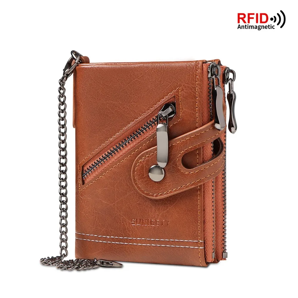 

Retro RFID Blocking Men's Chain Wallet PU Leather Anti-Theft Coin Purse Double Zipper Short Card Holder