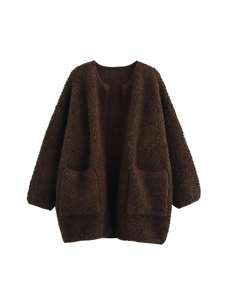 Winter new lamb wool coat for women warm loose solid color medium and long 2024 hot style knitted cardigan top