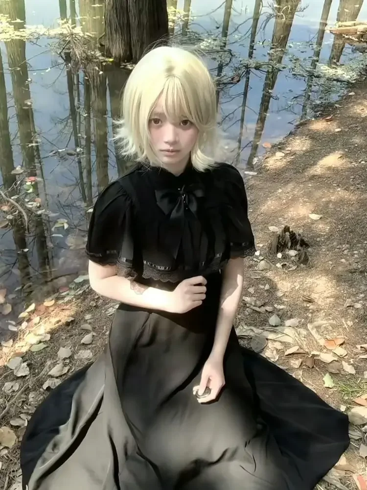 2025 여름 슬림 레이스 드레스 여성 하이 스트리트 빈티지 보우 얇은 블랙 드레스 여성 패션 디자인 새로운 솔리드 의상