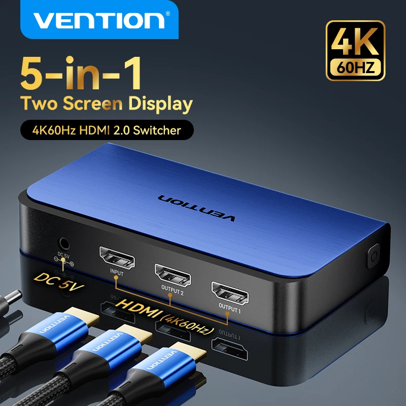 

Vention HDMI 2.0 Splitter 1 in 2 Out 4K 60Hz Switcher Adapter for PS5 Xbox TV Xiaomi Monitor with Power Supply HDMI 2.0 Cable