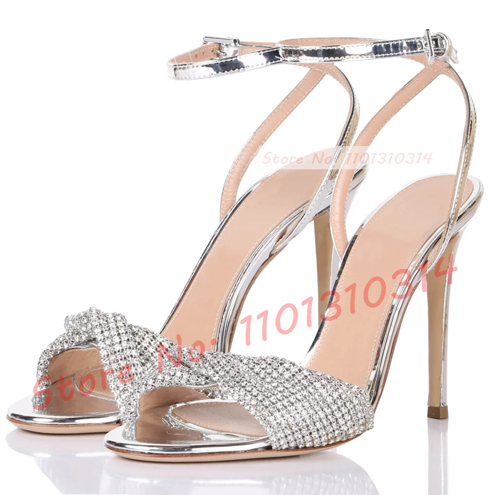 Mirrored Silver Rhinestones Sandals Women Luxury Ankle Strap Casual High Heels Shoes Female Summer Shiny Leather Evening Sandals