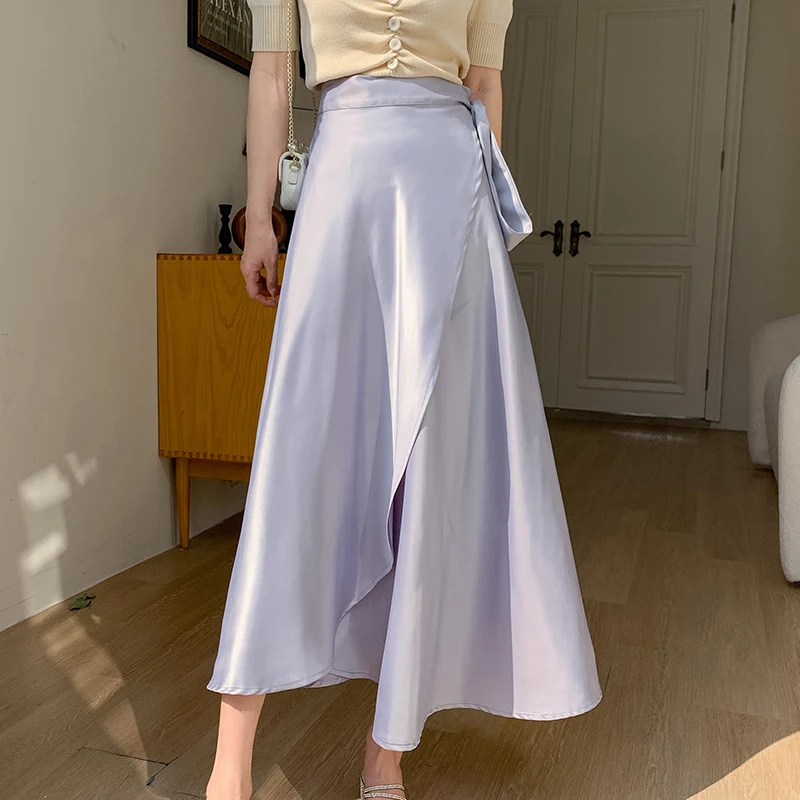 Light Blue Satin Skirt Summer High Waisted Wrapped One-Piece Long Skirts Irregular Champagne Satin Skirts Party Elegant Outfits