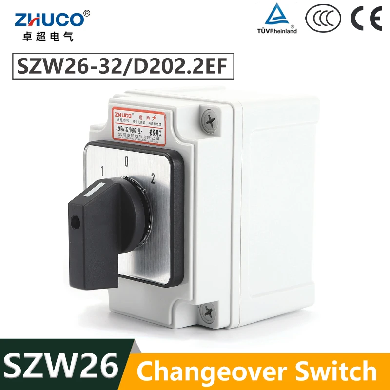 

ZHUCO SZW26/LW26-32/D202.2EF 32A 3 позиции 2 фазы 1 0 2 Панель универсальный переключатель Вращающаяся ручка кулачковый переключатель с водонепроницаемой коробкой