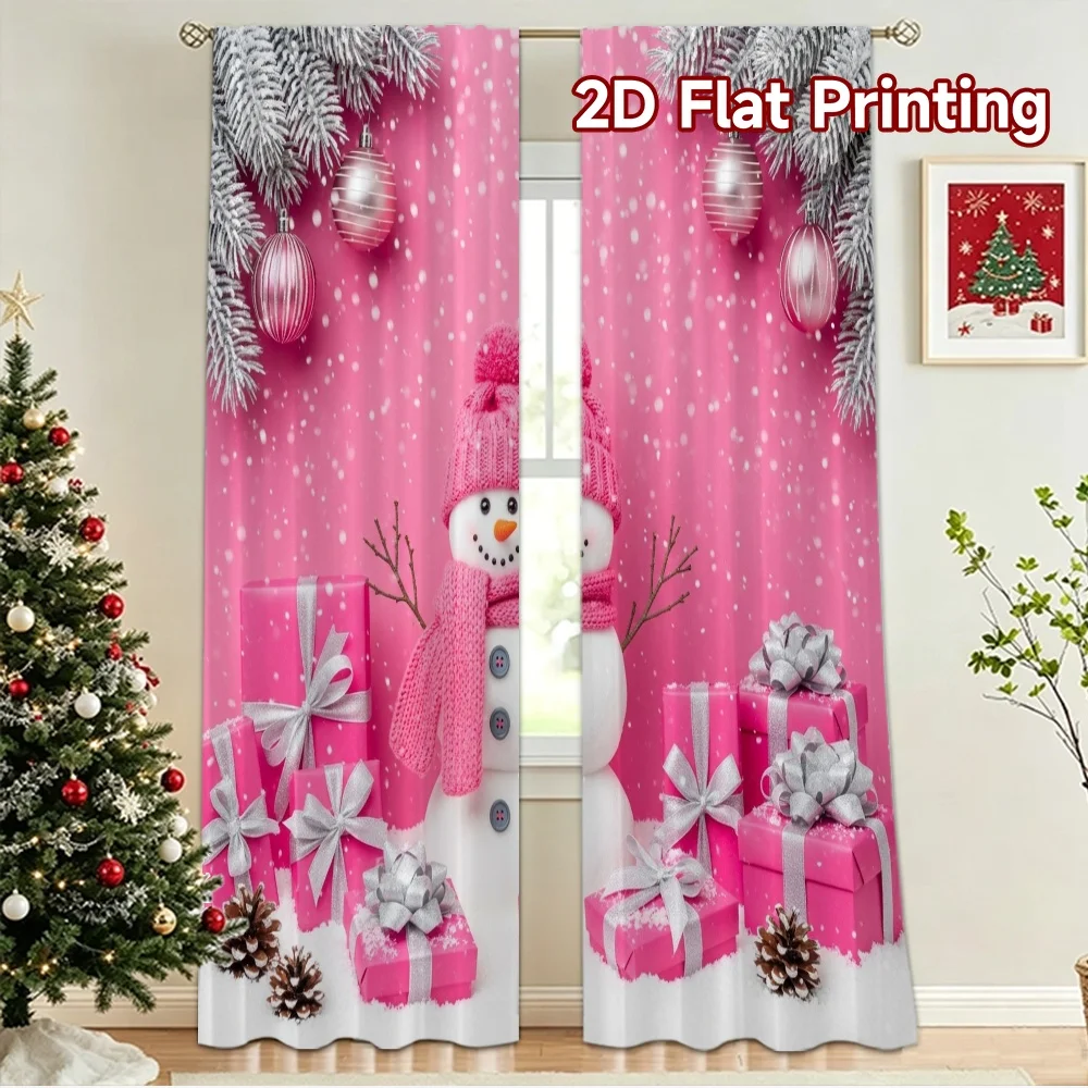 2D flat 2pcs Curtain Country Style Christmas Pink Snowman Gifts Durable polyester fiber Holiday Decorations Use for Bedroom