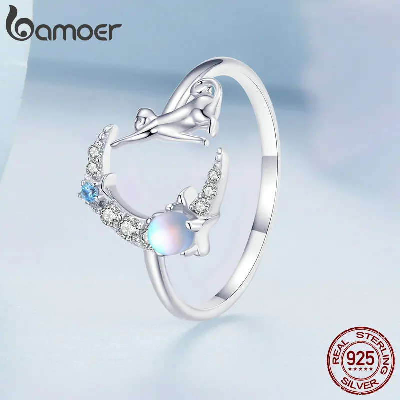 Bamoer-Anillo de Plata de Ley 925 con forma de luna y gato para mujer, sortija ajustable, con apertura de Animal, piedra lunar, regalo de cumpleaños, BSR315