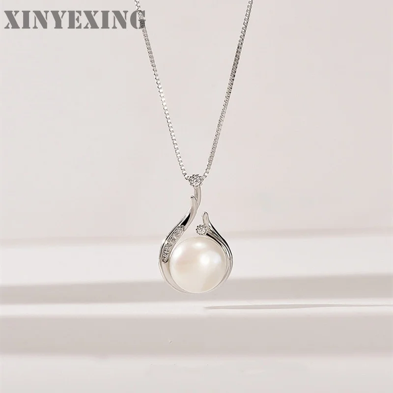 French style simple style natural fresh water pearl drop type diamond pendant s925 sterling silver necklace female