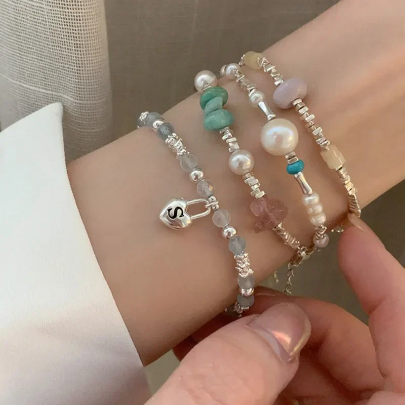 

925 Sterling Silver Pearl Handmade Geometry Bracelet for Women Girl Beading Korean Ins Jewelry Gift Wholesale Dropshipping