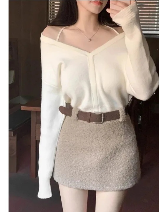 Jupe Chic en laine taille haute pour femme, jupe trapèze, amincissante, vêtements décontractés coréens, automne hiver