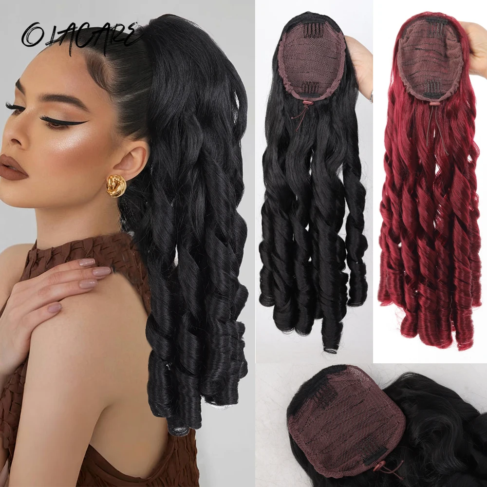 

20-дюймовые синтетические волнистые накладные пряди для хвоста с завязками и 2 заколками-гребешками, накладка для волос в стиле «Римские кудри», парик-хвост для женщин