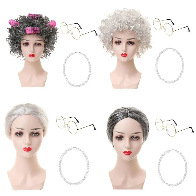 

Old Lady Costume Girls Adults 100 Day of School Dress Up Grandma Grey Wig Glasses Set Halloween Cosplay Accessory