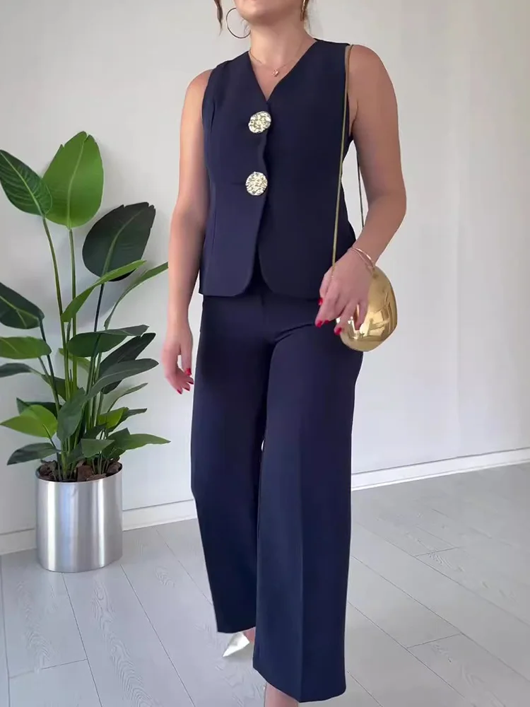 Office V Neck Sleeveless Vest Pants Suits, Women Spring Summer Buttons Elegant Outfit, 2025 Vintage Wide Leg Pants Ladies Sets
