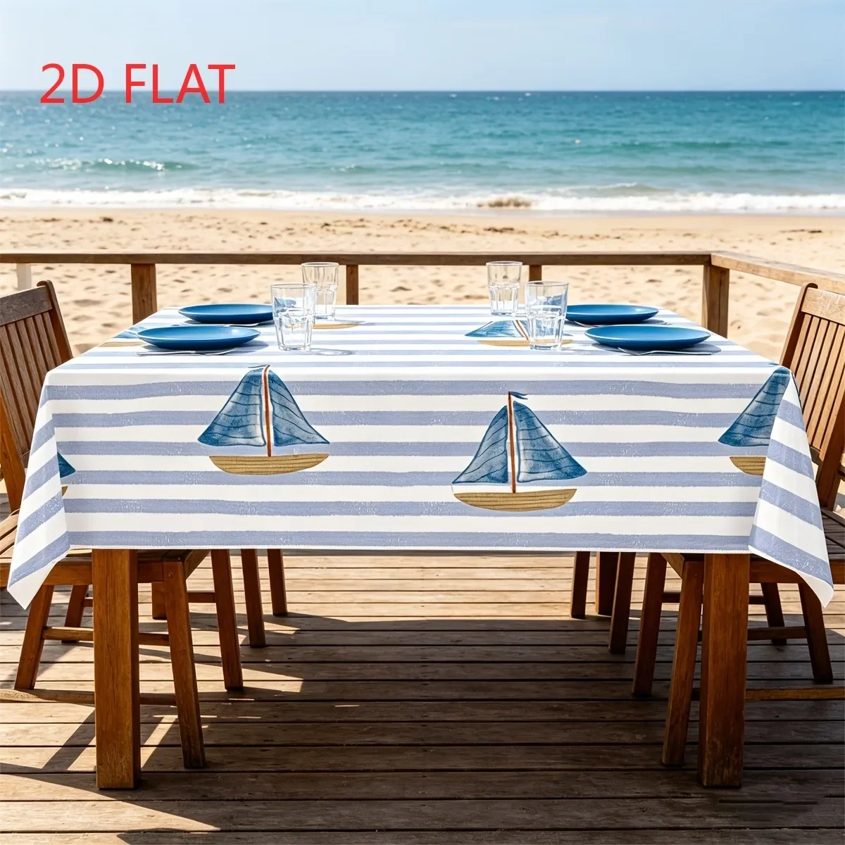Tablecloth 1 piece 2d flat with blue and white striped sailboat pattern, a refreshing seaside style, yzb