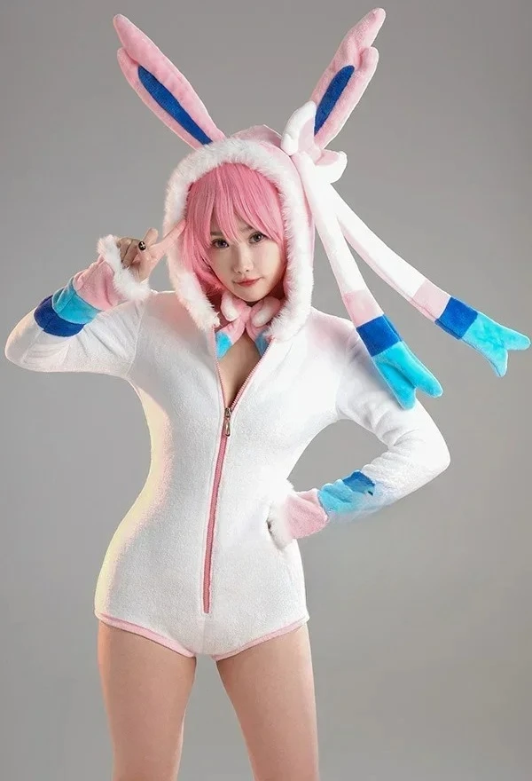 

2025 NEW PM Derivative Sexy Fluffy Hooded Bodysuit Deep V Kawaii One Piece Romper with Choker and Socks Cosplay Costume