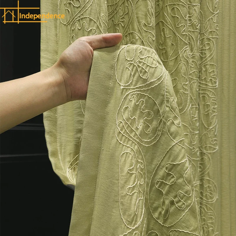New Customized Green Cotton Jacquard Woven Curtains for Living Room Bedroom French Window Balcony Partition Curtain Valance