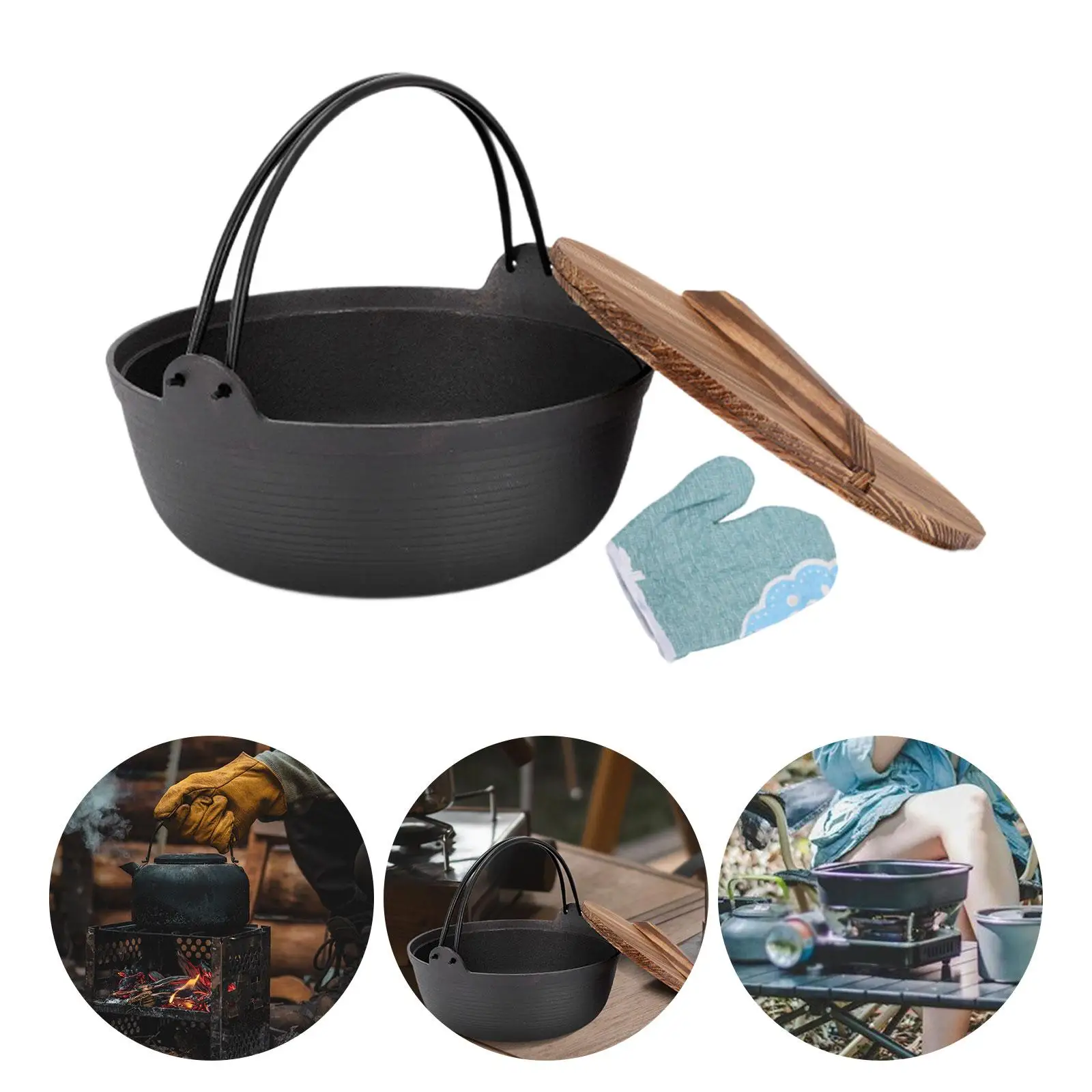 

Cast Iron Hot Pots Cast Iron Hanging Pot Shabu Camping Cooking Diameter 19cm Double Handles Wooden Lid Cast Iron Stew Pot