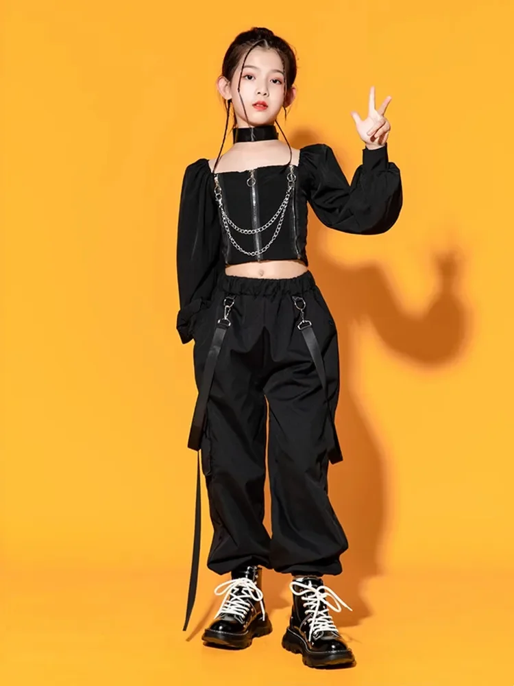 Girls Hip Hop Clothes Square Neck Puff Sleeve Crop T Shirt Black Cargo Pants for Kids Jazz Dance Costume Outfits Teen Stage Wear