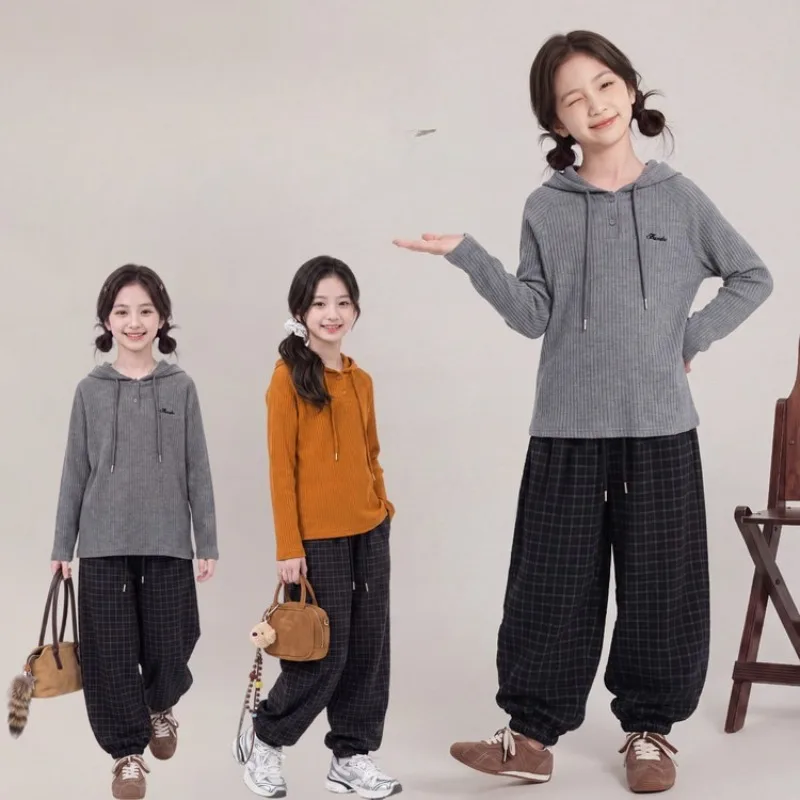 Children's clothing 2026 Spring and Autumn Winter new style solid color hooded sweater and plaid casual pants