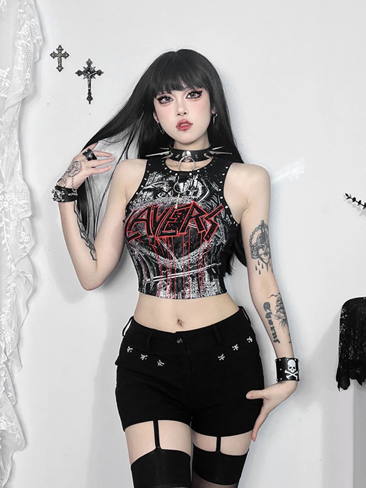 AltGoth-Chaleco gótico Cyber Punk Y2k para mujer, ropa de calle Harajuku, Hip Hop, Grunge, remaches, Tops cortos sin mangas, Emo Alt, traje Hipster