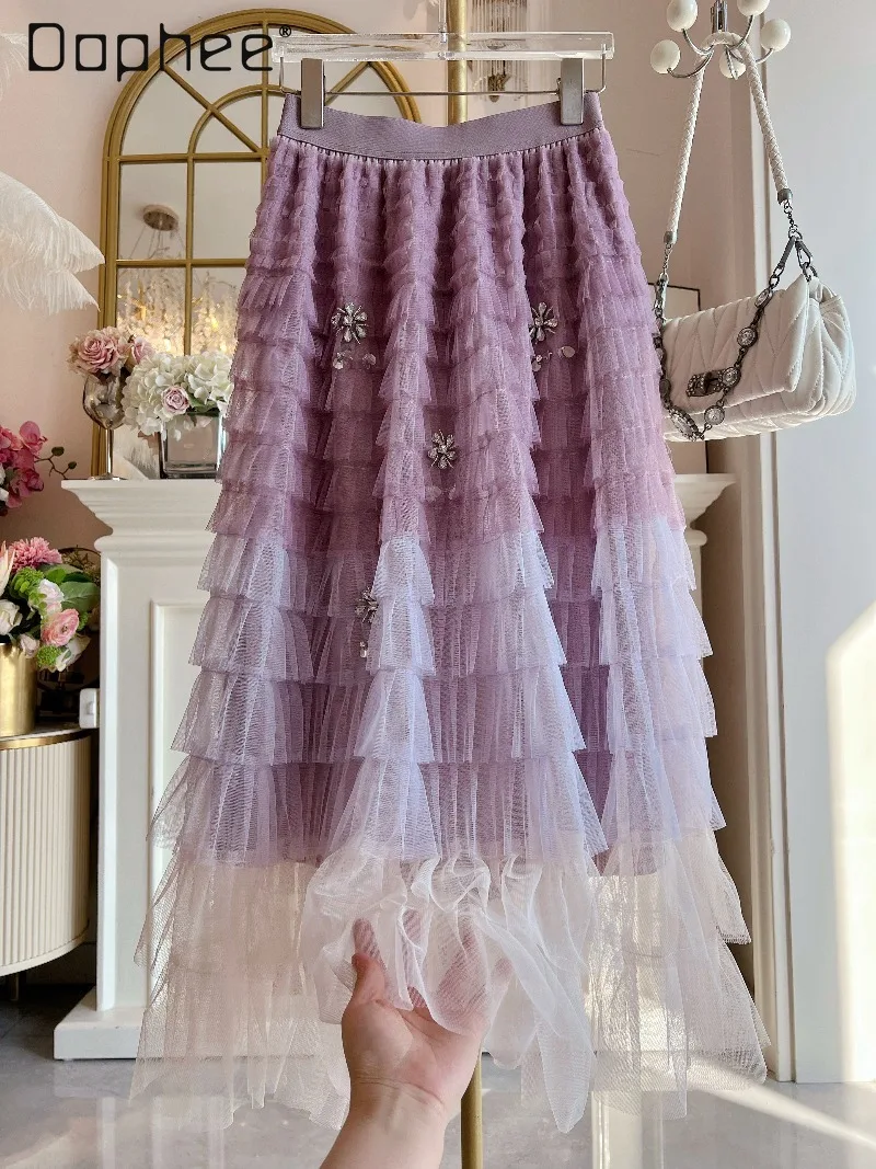 

Новая весенняя длинная юбка-кейк из плотной ткани с эффектом градиента, в корейском стиле, универсальная, из фатина, для женщин