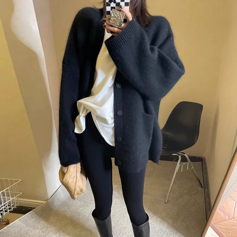 

Легкий роскошный тяжелый осенне-зимний кардиган из 100% шерсти, женский вязаный свободный толстый свитер средней длины в стиле ROW