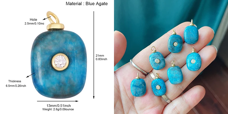 Edelstein-Charm-Anhänger aus türkisfarbenem Malachit, schwarzem Achat, rosa Quarz, 18 Karat echt vergoldeter Schmuck für die Herstellung von Halsketten, S58 – Detail 32