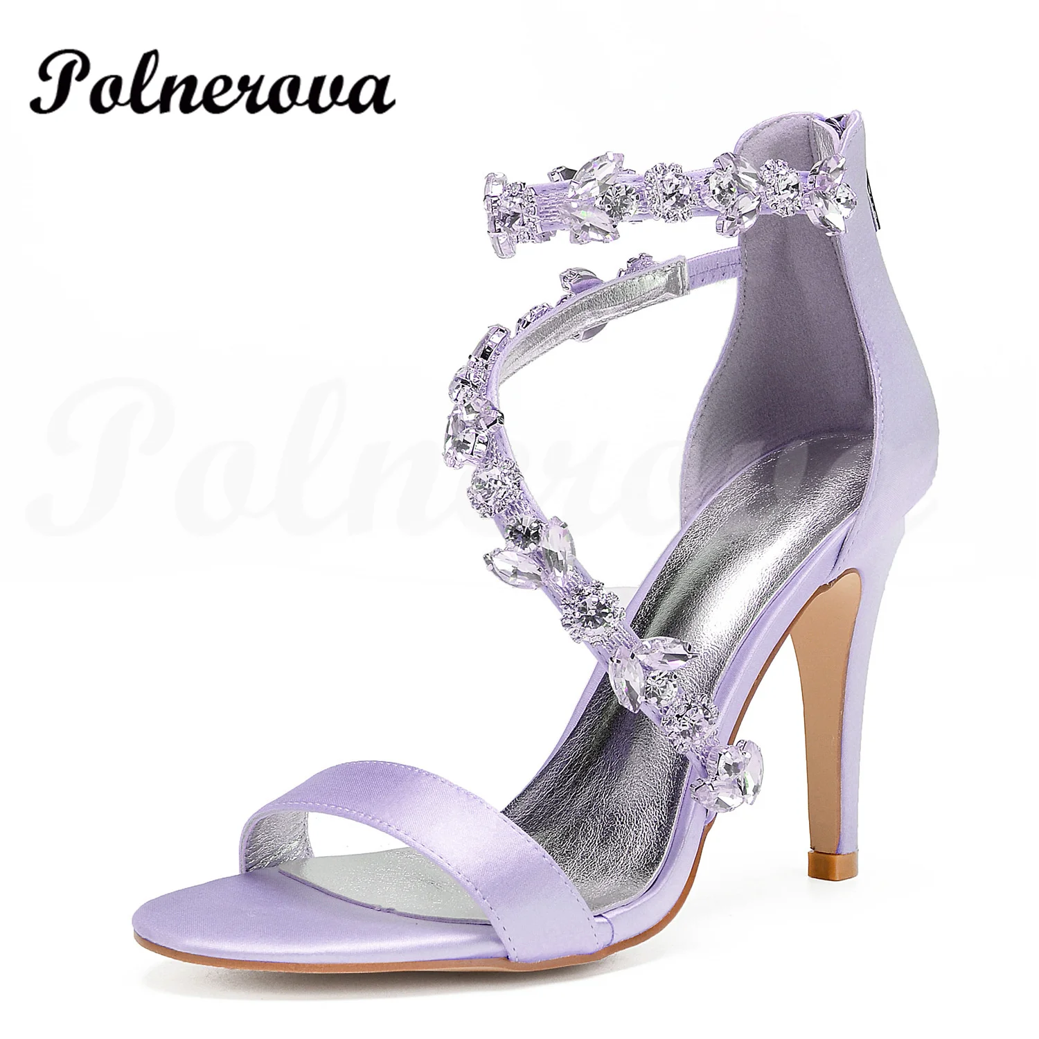 

Violet Satin Rhinestone High-Heeled Sandals Summer New Fashion Word with Back Zipper High-Heeled Shoes Blue Stiletto Sandals