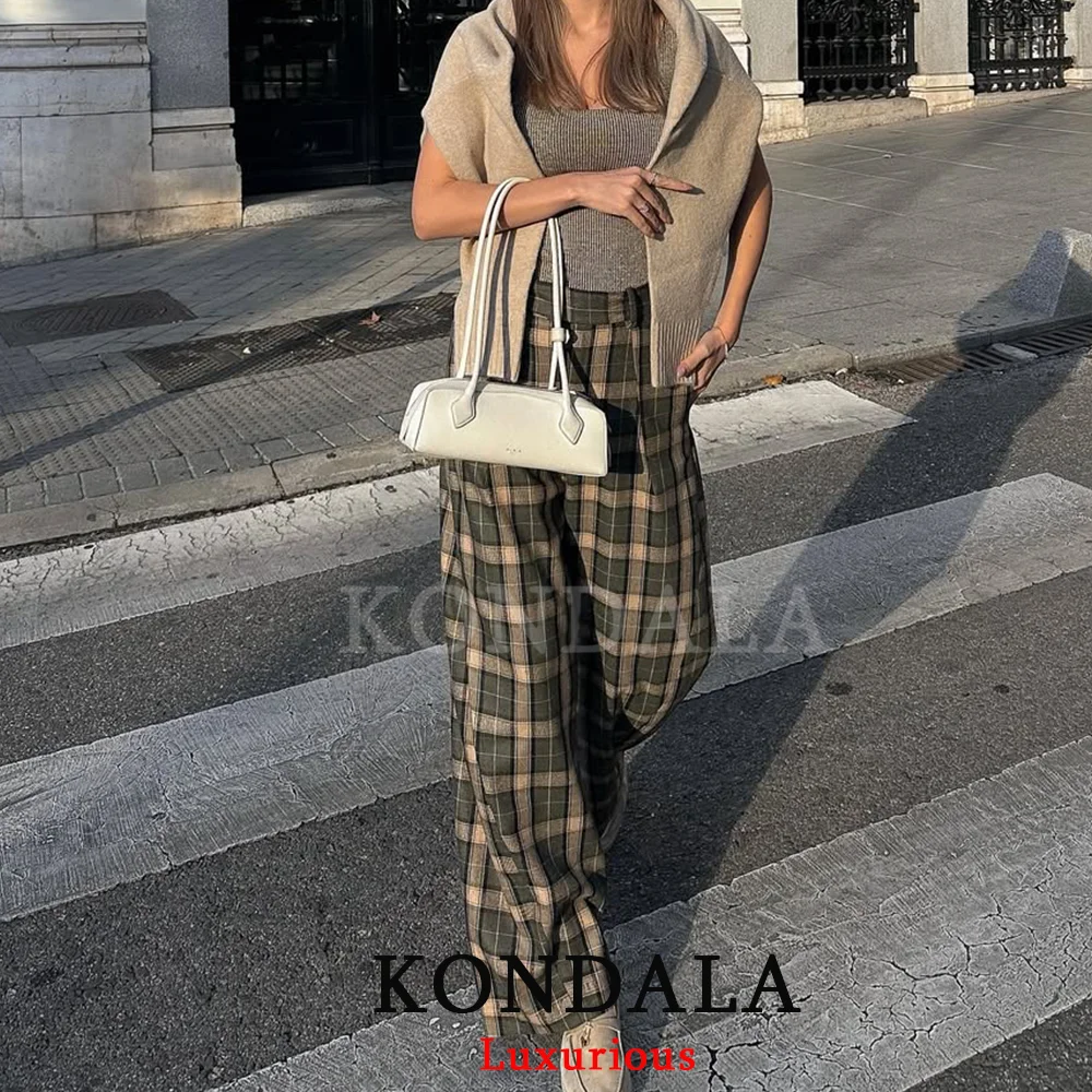 KONDALA Vintage Chic Grün Plaid Lange Hosen Frauen Breite Bein Lose Hosen Mode 2025, Herbst Streetwear Weihnachten Party Hosen