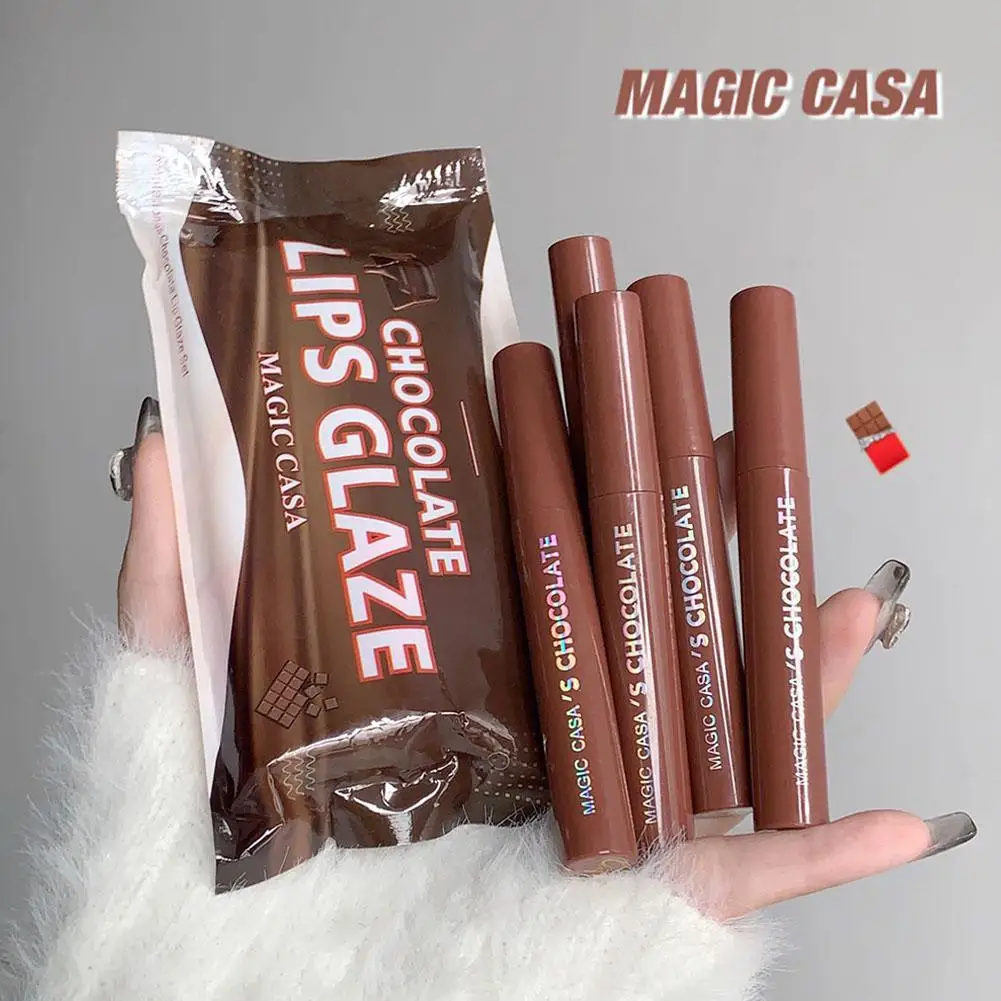 Chocolate Lip Glaze Lipstick Set, clareamento, veludo, fosco, macio, cetim de neblina, maquiagem, cosméticos, beleza feminina, outono, inverno, 5pcs