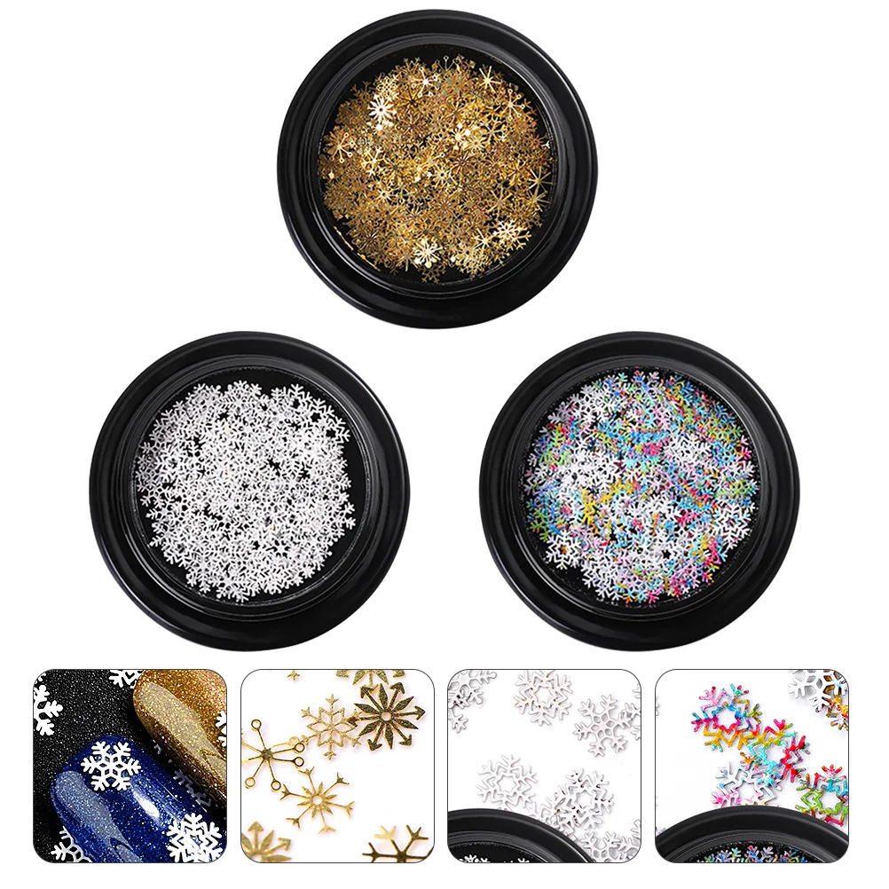 Autocollants à paillettes pour ongles, breloques, démontrent de neige, décor de Noël, 3 boîtes