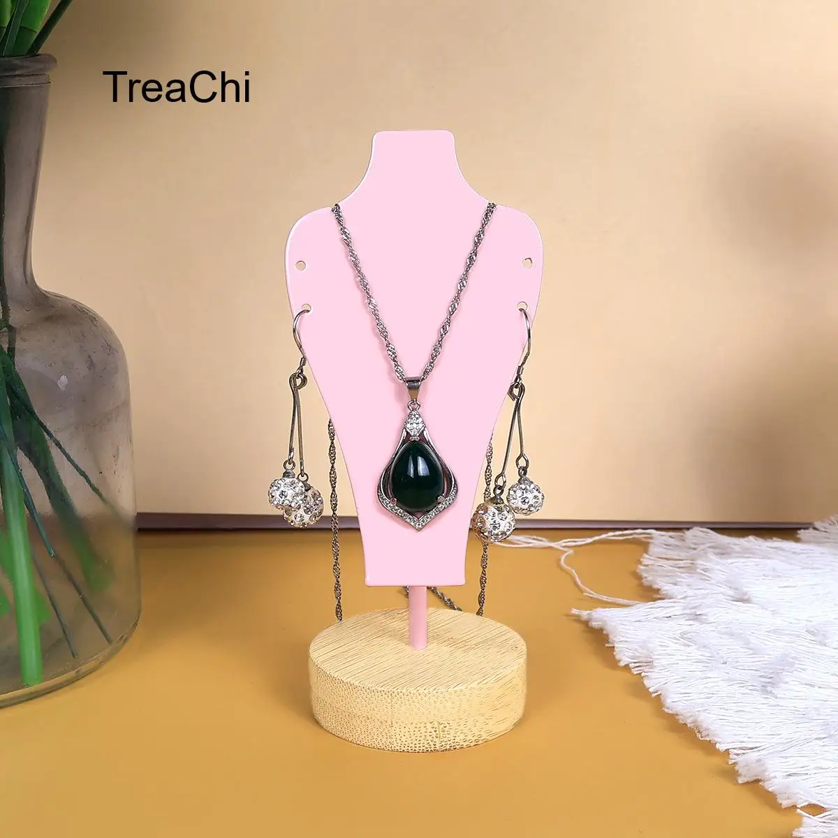 Minimalist Wooden Base Metal Freestanding Jewelry Display Stand for Necklaces and Earrings All-in-One Mannequin for Counter