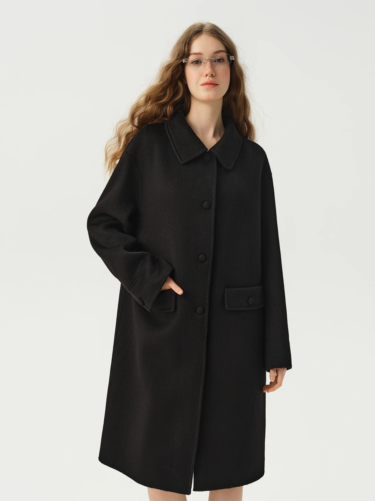 DUSHU Women's Korean Style Simple Lapel A-line Double-faced Wool Coat New Winter Arrival Knee-length Single Breasted