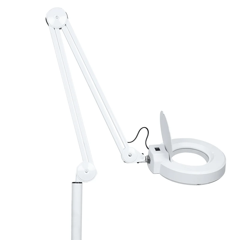 Soft Light Eye Protection Cold Light Lamp Cross Base with Wheels Beauty Salon LED Floor Light Swing Arm 8x Magnifying Glass Lamp