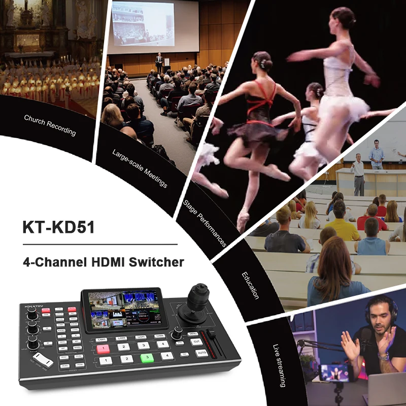 محول خلاط فيديو مع وحدة تحكم PTZ شاشة LCD مقاس 5.5 بوصة، محول بث مباشر HDMI ذو 4 قنوات مع عصا تحكم 4D