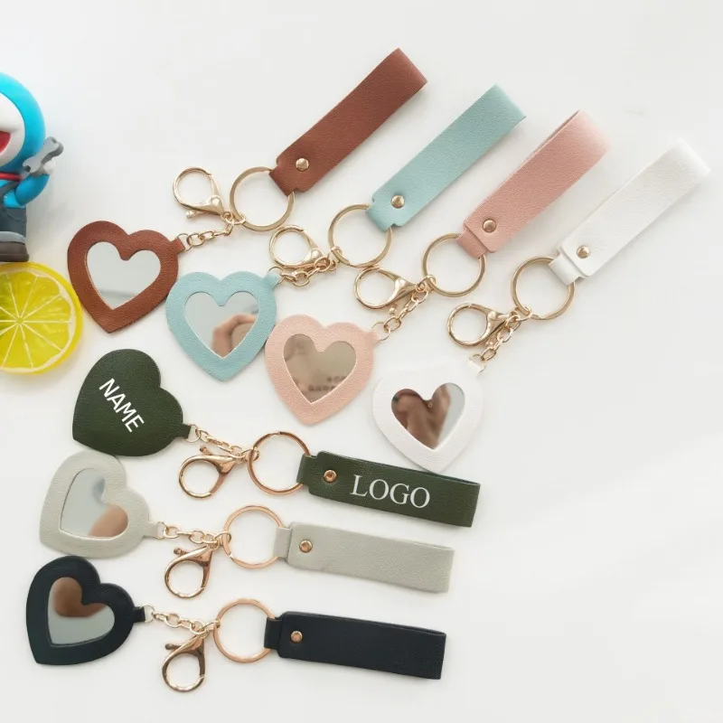 

PU Leather Love Glass Mirror Makeup Hand Rope Customized LOGO Keychain Blank Laser Engrave Personalized Key Chains Accessories