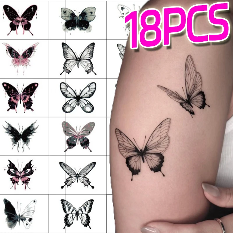 Autocollant de Tatouage Temporaire Étanche pour Homme et Femme, Motif de Poulet et Papillon Foncé, Transfert, Décoration de Mains et de Corps, 18 Pièces